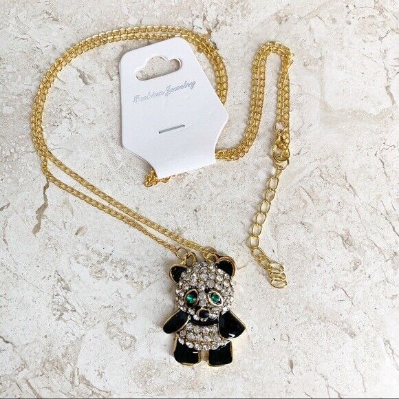 NEW Black White Rhinestone PANDA BEAR Long Necklace Green Eyes Gold Chain NWT - Picture 6 of 7